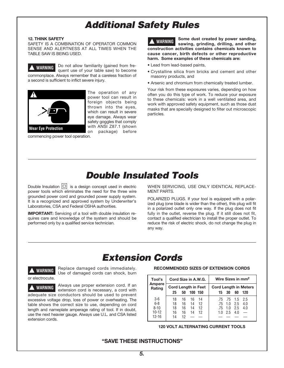 Additional safety rules, Double insulated tools extension cords, Warning | Save these instructions | Bosch 4000 User Manual | Page 5 / 68