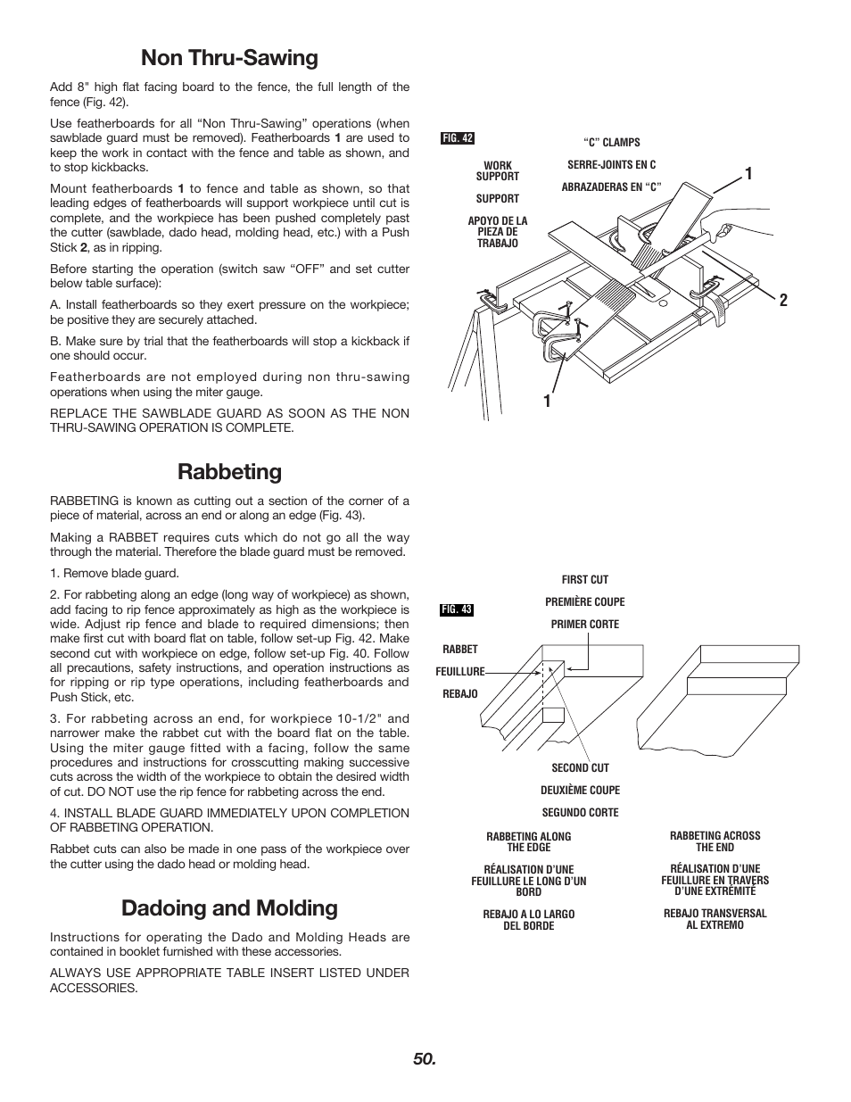 Non thru-sawing, Rabbeting, Dadoing and molding | Bosch 4000 User Manual | Page 50 / 68