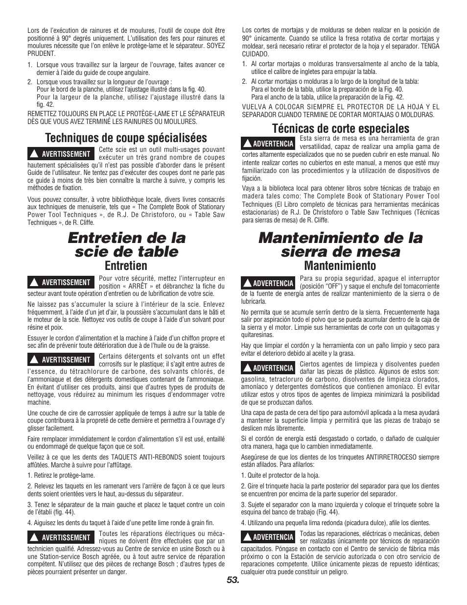 Mantenimiento de la sierra de mesa, Entretien de la scie de table, Técnicas de corte especiales | Mantenimiento, Techniques de coupe spécialisées, Entretien | Bosch 4000 User Manual | Page 53 / 68