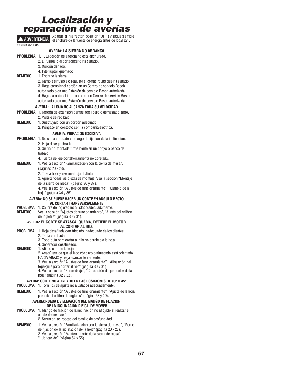 Localización y reparación de averías | Bosch 4000 User Manual | Page 57 / 68