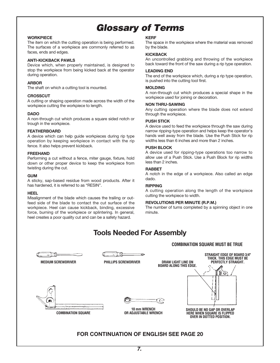 Glossary of terms, Tools needed for assembly, For continuation of english see page 20 | Bosch 4000 User Manual | Page 7 / 68