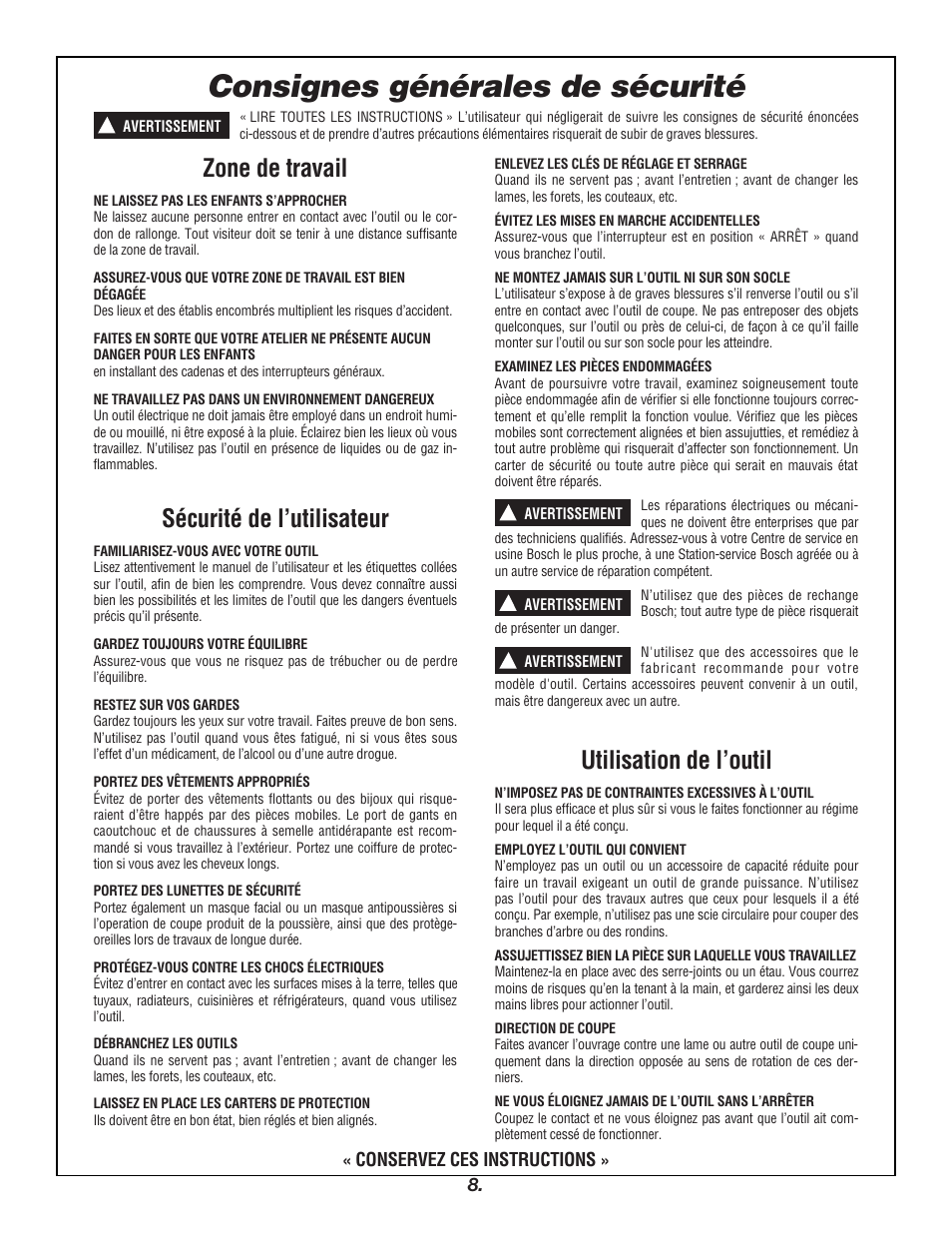 Consignes générales de sécurité, Zone de travail, Sécurité de l’utilisateur | Utilisation de l’outil | Bosch 4000 User Manual | Page 8 / 68