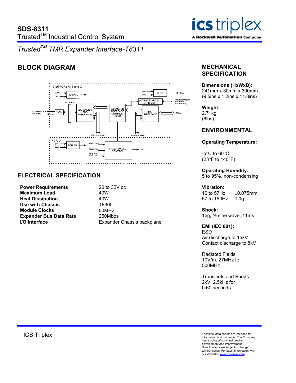 Block diagram, Electrical specification, Sds-8311 trusted | Industrial control system trusted, Tmr expander interface-t8311 | Rockwell Automation T8311 Trusted TMR Expander Interface User Manual | Page 2 / 2