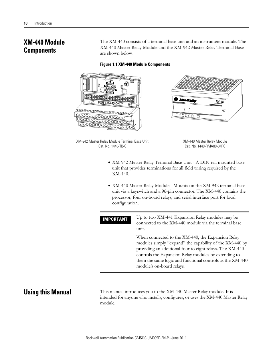 Xm-440 module components, Using this manual, Xm-440 module components using this manual | Rockwell Automation 1440-RMA00-04RC XM-440 Master Relay Module User Manual | Page 10 / 100