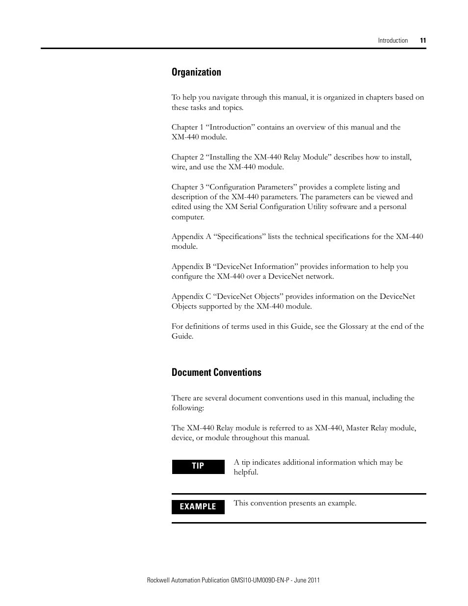 Organization, Document conventions, Organization document conventions | Rockwell Automation 1440-RMA00-04RC XM-440 Master Relay Module User Manual | Page 11 / 100