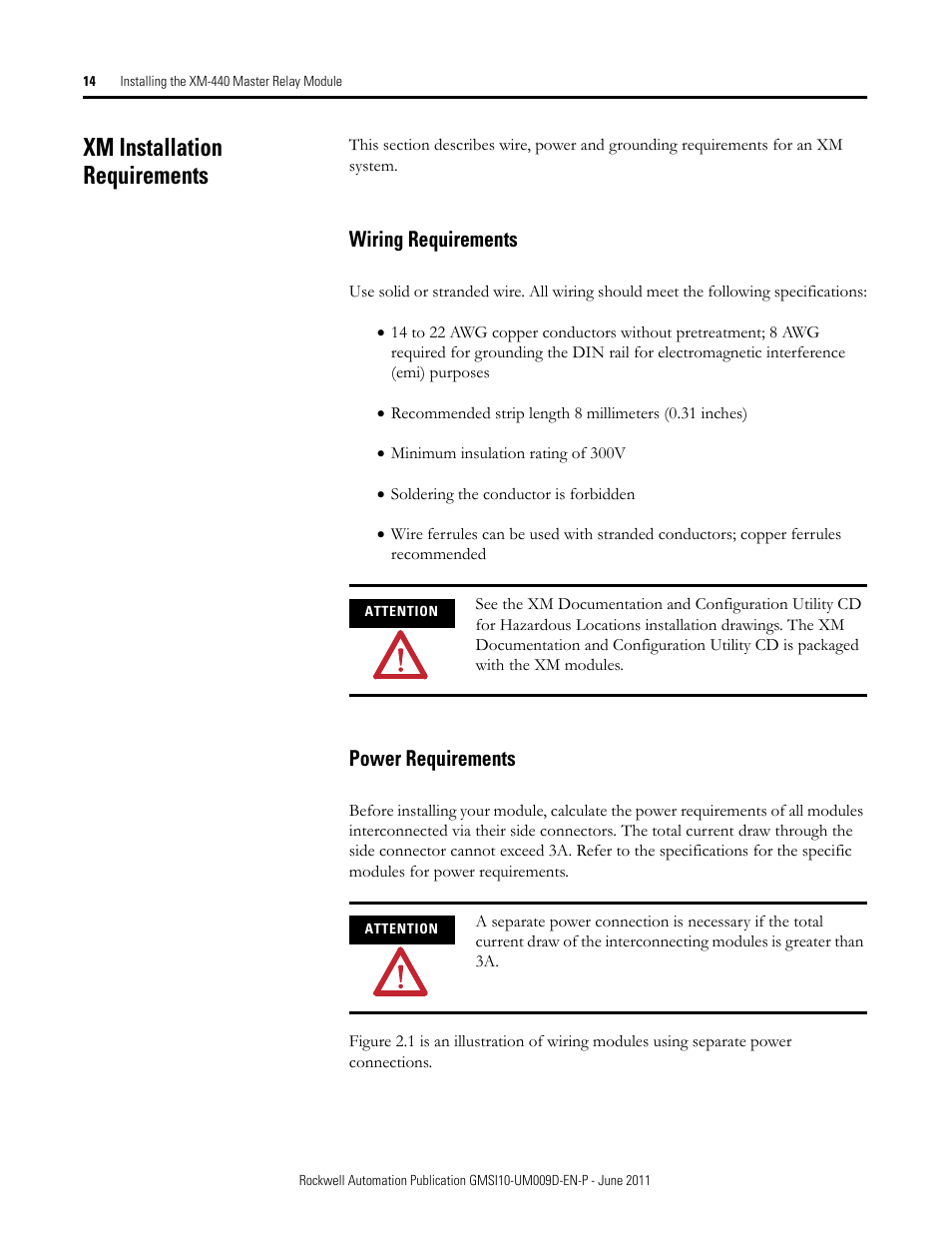 Xm installation requirements, Wiring requirements, Power requirements | Wiring requirements power requirements | Rockwell Automation 1440-RMA00-04RC XM-440 Master Relay Module User Manual | Page 14 / 100