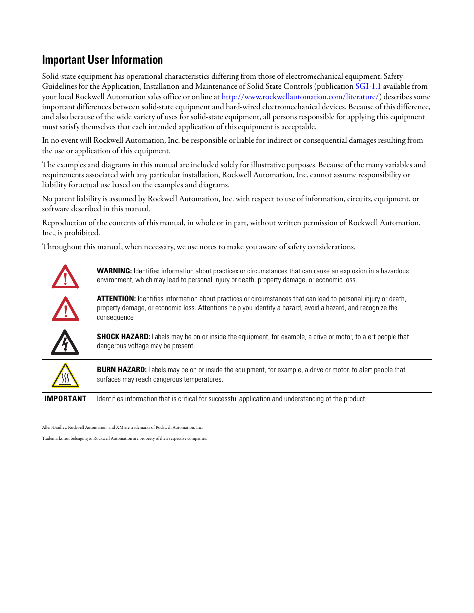 Important user information | Rockwell Automation 1440-RMA00-04RC XM-440 Master Relay Module User Manual | Page 2 / 100