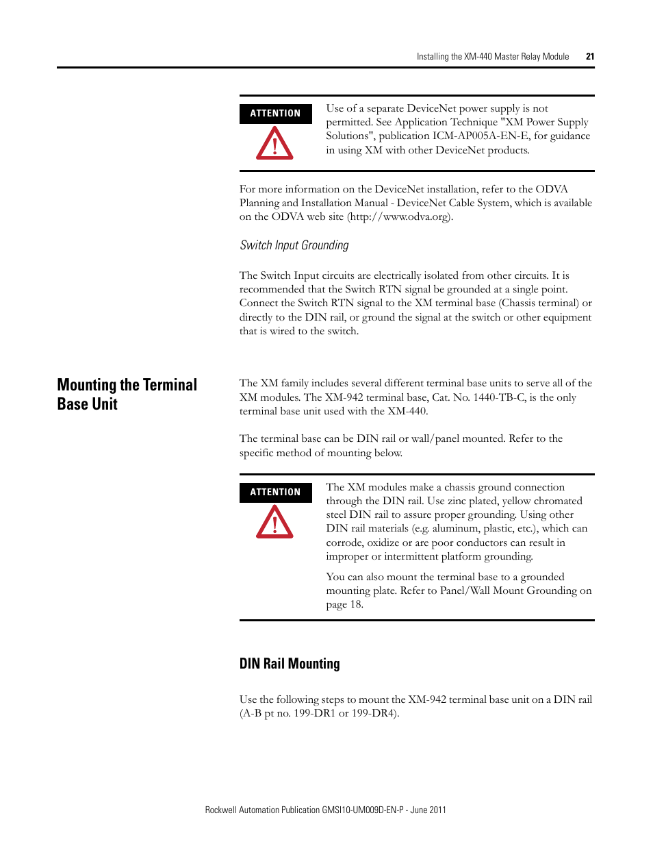 Mounting the terminal base unit, Din rail mounting | Rockwell Automation 1440-RMA00-04RC XM-440 Master Relay Module User Manual | Page 21 / 100