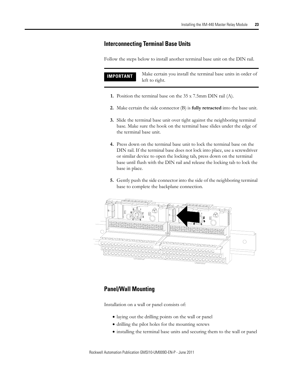 Interconnecting terminal base units, Panel/wall mounting | Rockwell Automation 1440-RMA00-04RC XM-440 Master Relay Module User Manual | Page 23 / 100