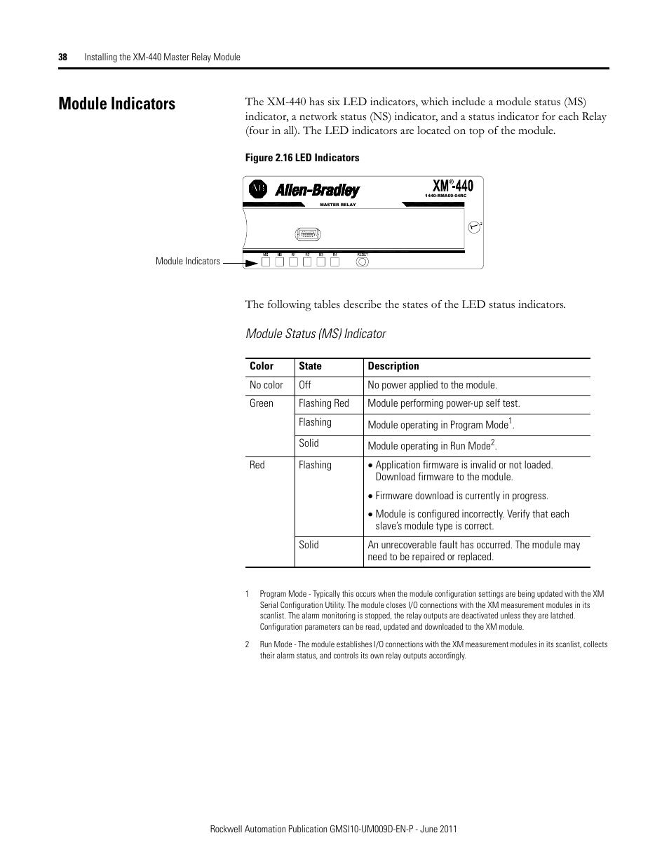Module indicators, Module status (ms) indicator | Rockwell Automation 1440-RMA00-04RC XM-440 Master Relay Module User Manual | Page 38 / 100