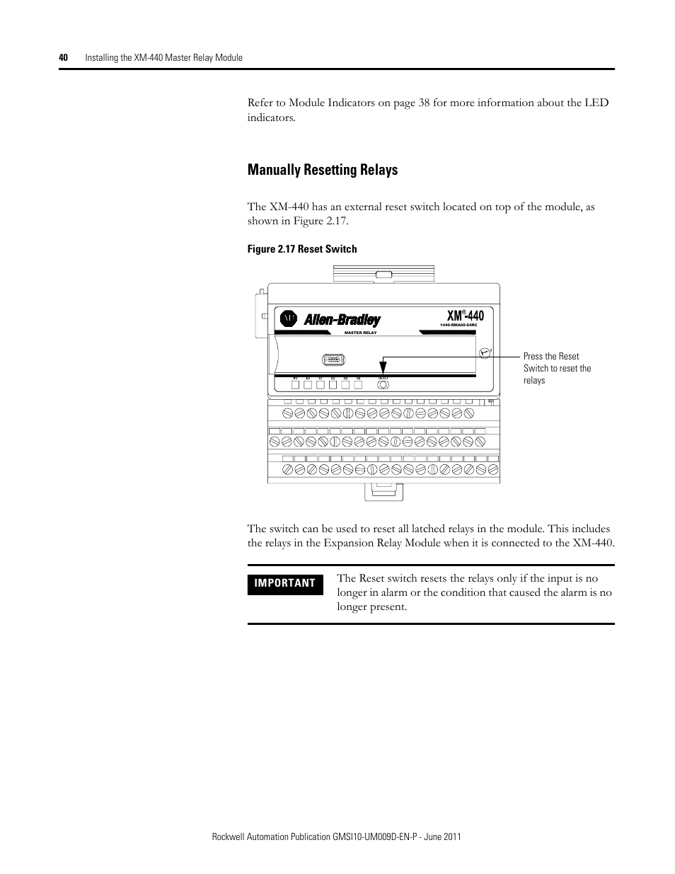 Manually resetting relays | Rockwell Automation 1440-RMA00-04RC XM-440 Master Relay Module User Manual | Page 40 / 100