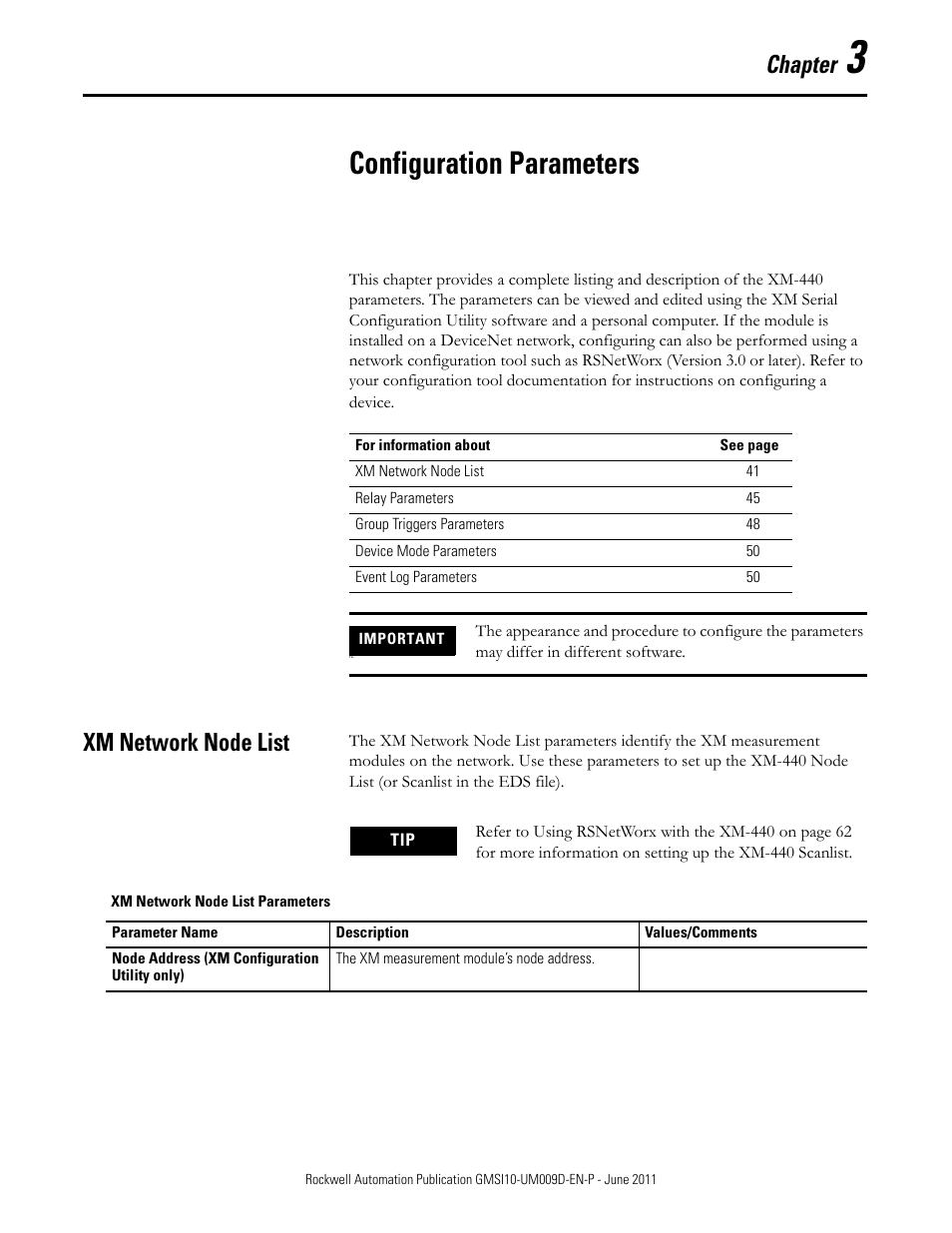 3 - configuration parameters, Xm network node list, Chapter 3 | Configuration parameters, Chapter | Rockwell Automation 1440-RMA00-04RC XM-440 Master Relay Module User Manual | Page 41 / 100