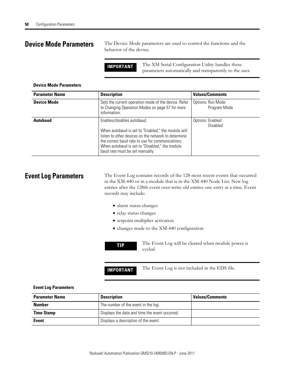 Device mode parameters, Event log parameters, Device mode parameters event log parameters | Rockwell Automation 1440-RMA00-04RC XM-440 Master Relay Module User Manual | Page 50 / 100