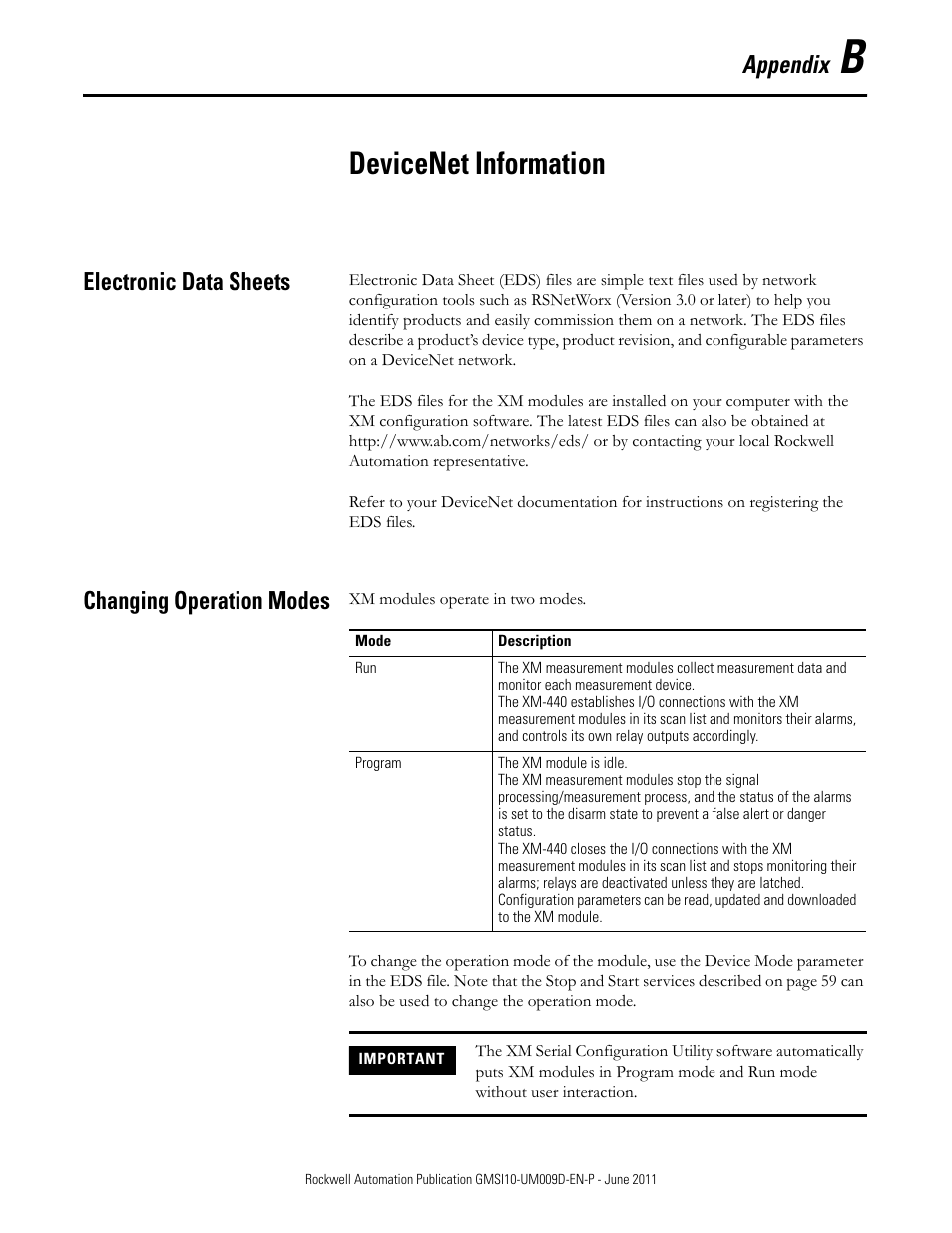 B - devicenet information, Electronic data sheets, Changing operation modes | Appendix b, Devicenet information, Electronic data sheets changing operation modes, Appendix | Rockwell Automation 1440-RMA00-04RC XM-440 Master Relay Module User Manual | Page 57 / 100