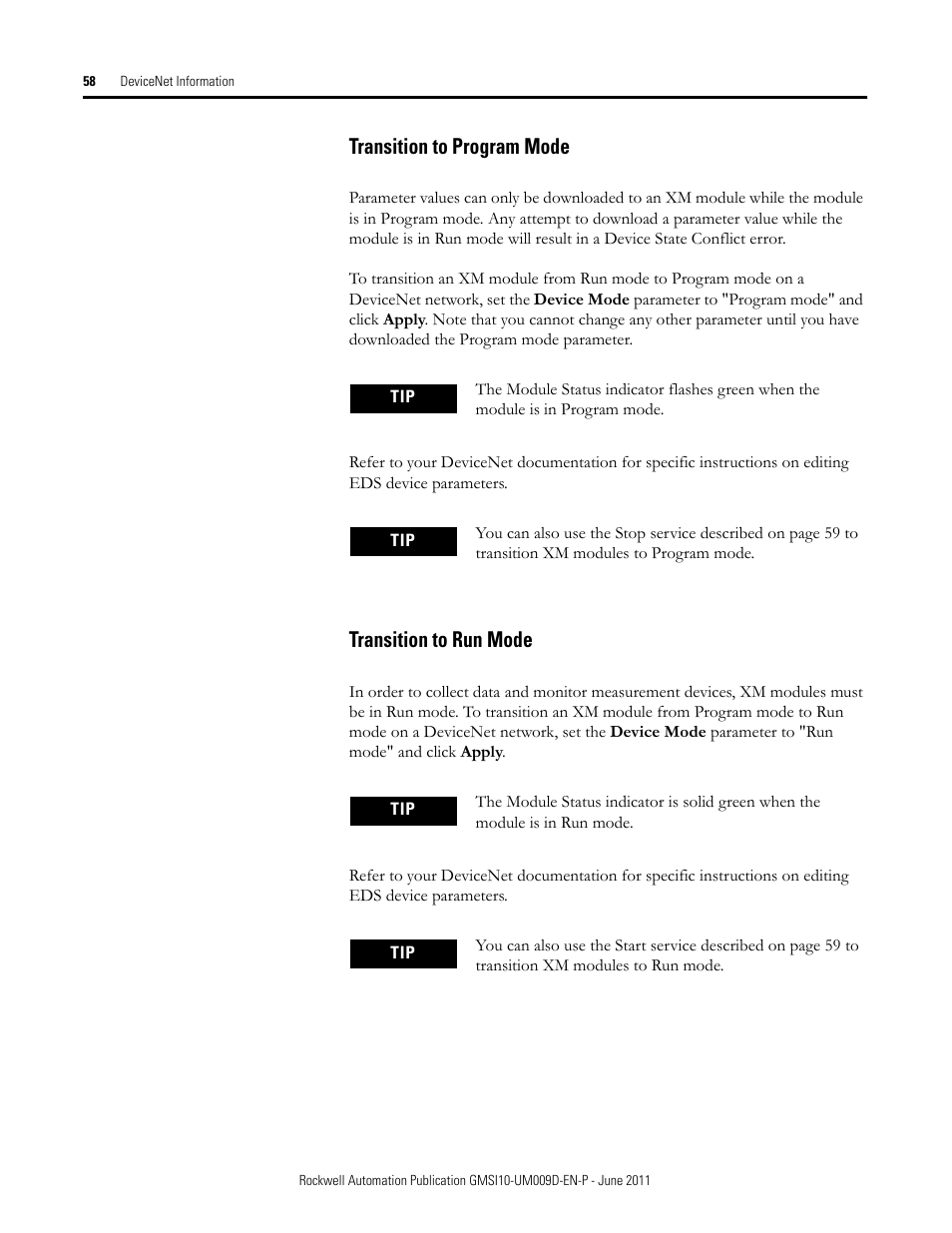 Transition to program mode, Transition to run mode, Transition to program mode transition to run mode | Rockwell Automation 1440-RMA00-04RC XM-440 Master Relay Module User Manual | Page 58 / 100