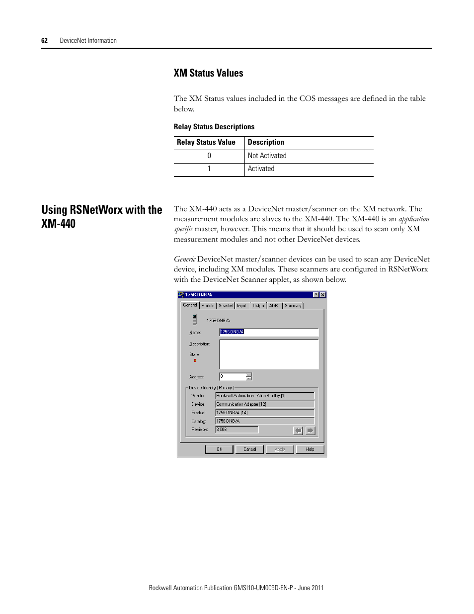 Xm status values, Using rsnetworx with the xm-440 | Rockwell Automation 1440-RMA00-04RC XM-440 Master Relay Module User Manual | Page 62 / 100