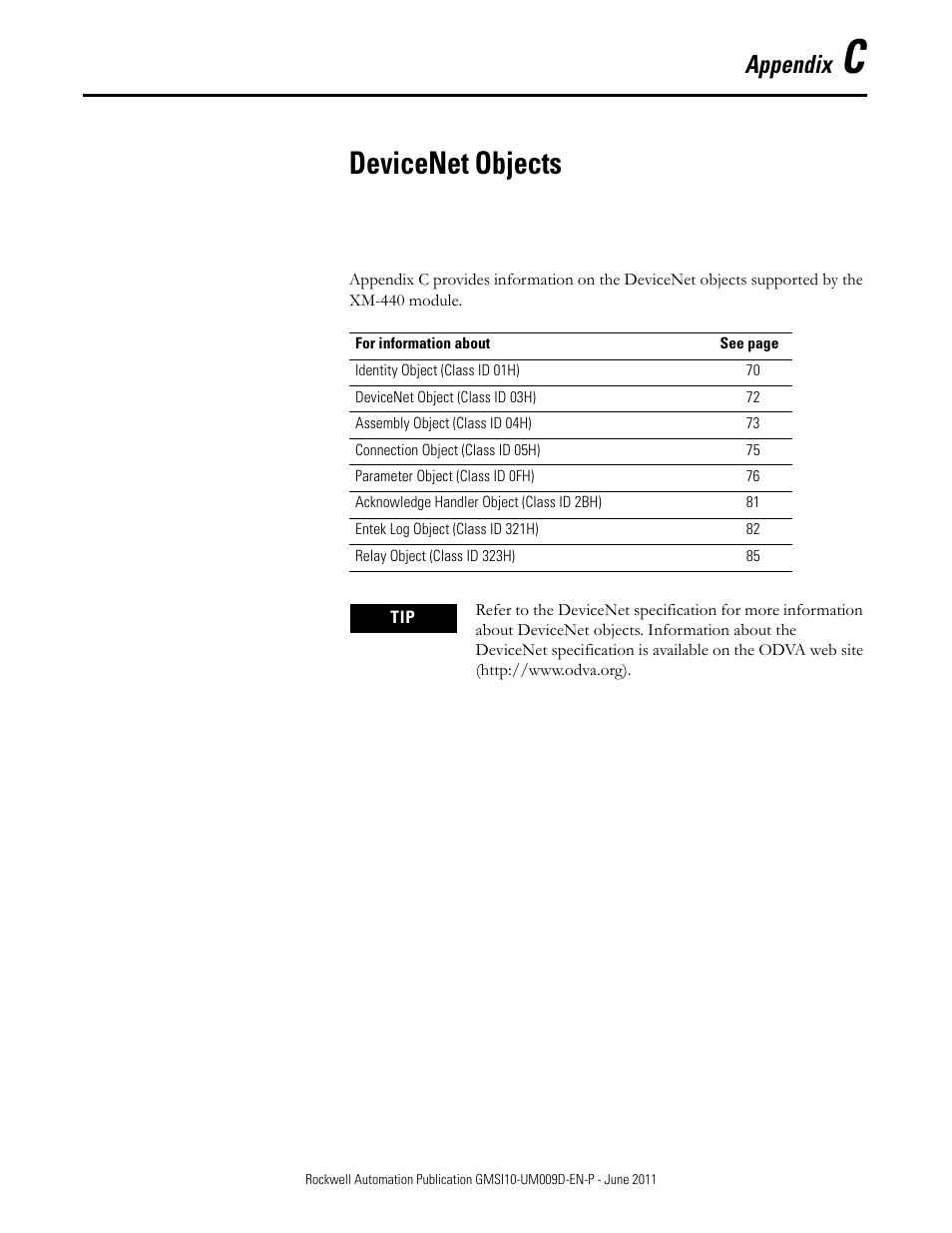 C - devicenet objects, Appendix c, Devicenet objects | Appendix | Rockwell Automation 1440-RMA00-04RC XM-440 Master Relay Module User Manual | Page 69 / 100