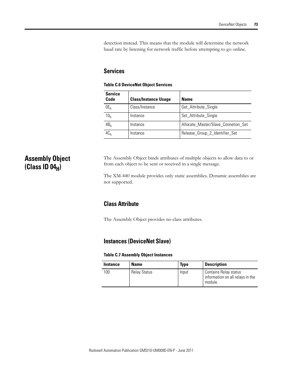 Services, Assembly object (class id 04h), Class attribute | Instances (devicenet slave), Class attribute instances (devicenet slave), Assembly object (class id 04 | Rockwell Automation 1440-RMA00-04RC XM-440 Master Relay Module User Manual | Page 73 / 100