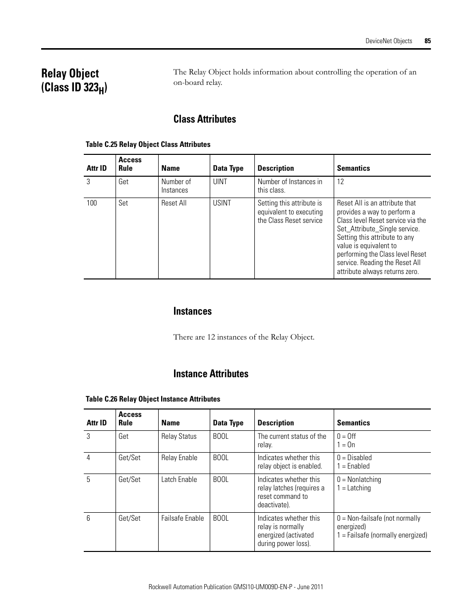 Relay object (class id 323h), Class attributes, Instances | Instance attributes, Class attributes instances instance attributes, Relay object (class id 323, Class attributes instances | Rockwell Automation 1440-RMA00-04RC XM-440 Master Relay Module User Manual | Page 85 / 100