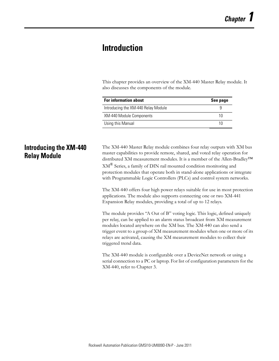 1 - introduction, Introducing the xm-440 relay module, Chapter 1 | Introduction, Chapter | Rockwell Automation 1440-RMA00-04RC XM-440 Master Relay Module User Manual | Page 9 / 100
