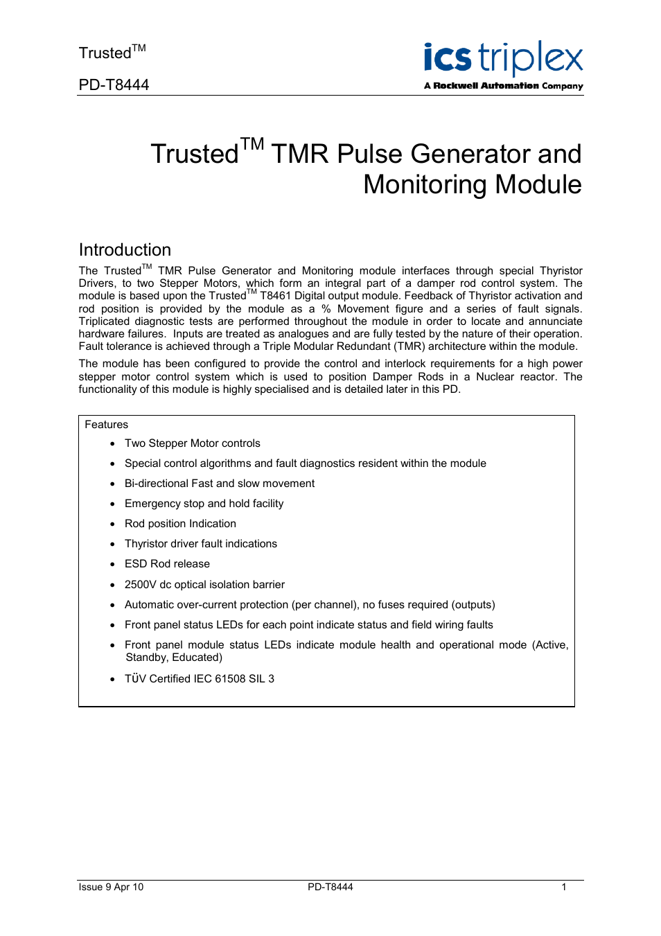 Rockwell Automation T8444 Trusted TMR Pulse Generator and Monitoring Module User Manual | 46 pages