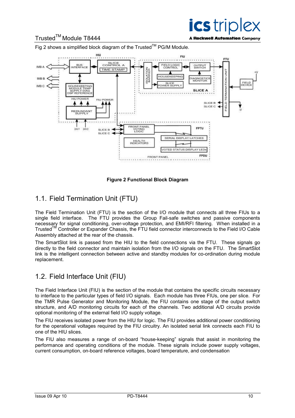 Field termination unit (ftu), Field interface unit (fiu), Figure 2 functional block diagram | Trusted, Module t8444 | Rockwell Automation T8444 Trusted TMR Pulse Generator and Monitoring Module User Manual | Page 10 / 46