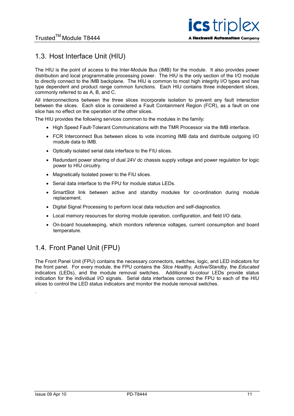 Host interface unit (hiu), Front panel unit (fpu) | Rockwell Automation T8444 Trusted TMR Pulse Generator and Monitoring Module User Manual | Page 11 / 46