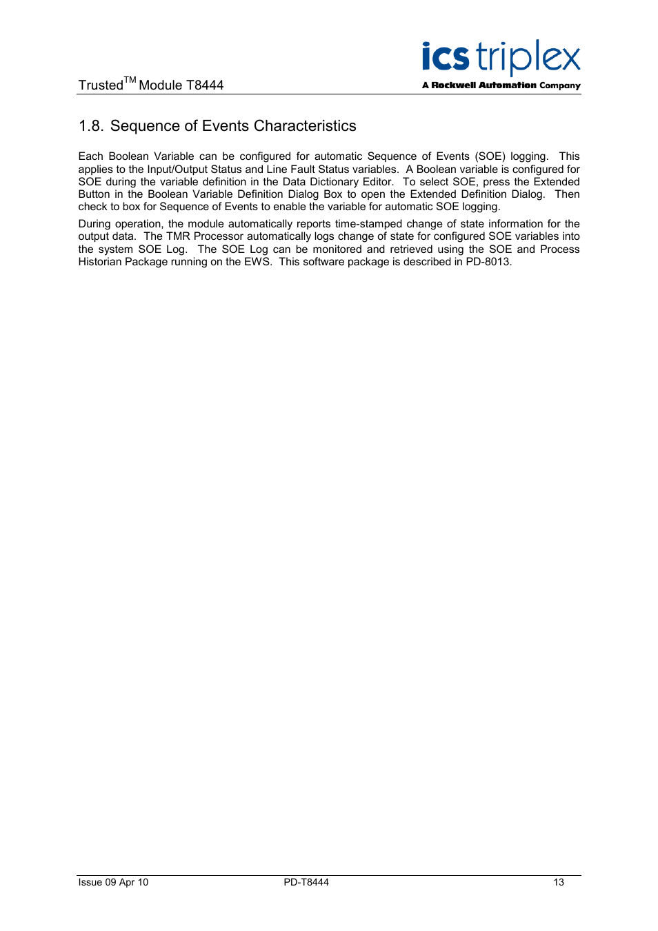 Sequence of events characteristics | Rockwell Automation T8444 Trusted TMR Pulse Generator and Monitoring Module User Manual | Page 13 / 46