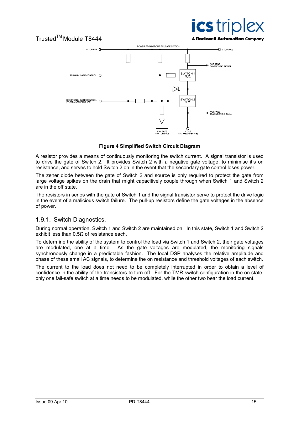 Switch diagnostics, Figure 4 simplified switch circuit diagram | Rockwell Automation T8444 Trusted TMR Pulse Generator and Monitoring Module User Manual | Page 15 / 46