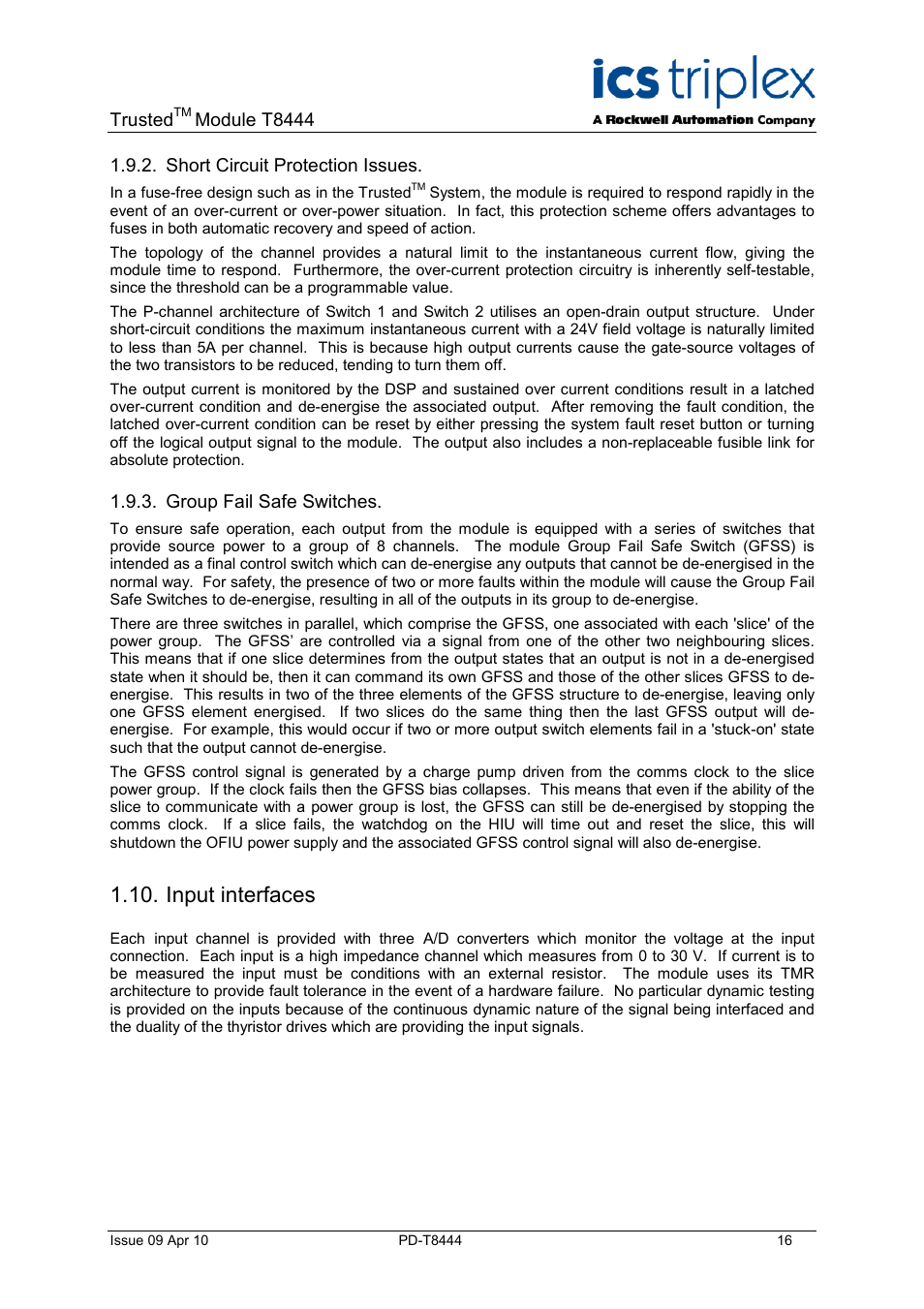 Short circuit protection issues, Group fail safe switches, Input interfaces | Rockwell Automation T8444 Trusted TMR Pulse Generator and Monitoring Module User Manual | Page 16 / 46
