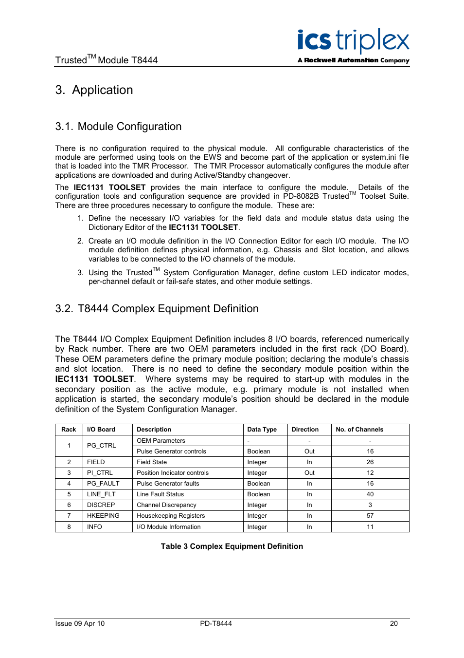 Application, Module configuration, T8444 complex equipment definition | Table 3 complex equipment definition, Trusted, Module t8444 | Rockwell Automation T8444 Trusted TMR Pulse Generator and Monitoring Module User Manual | Page 20 / 46