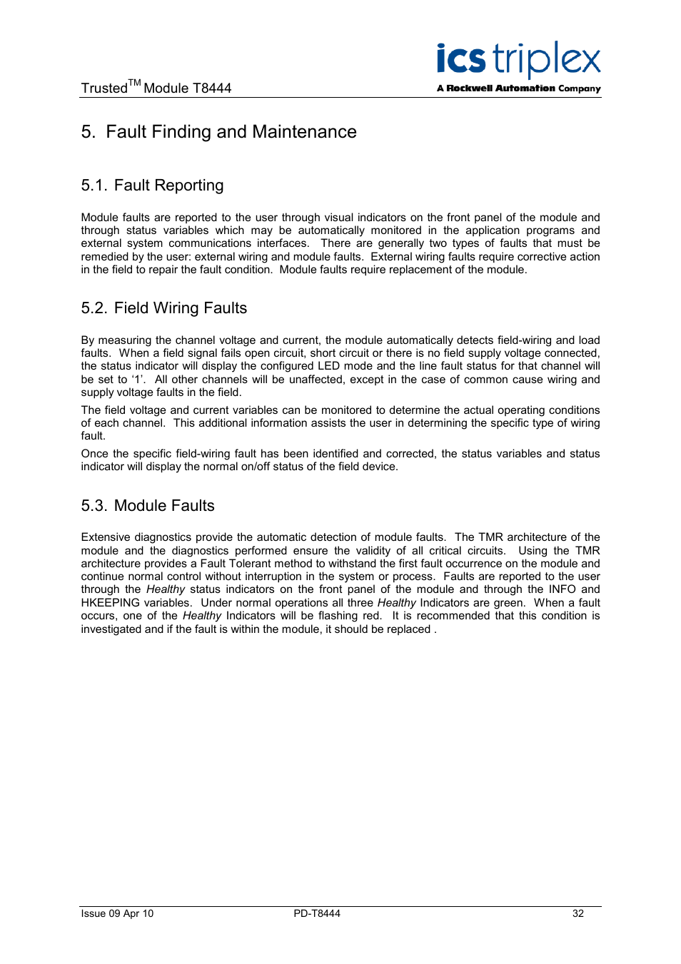 Fault finding and maintenance, Fault reporting, Field wiring faults | Module faults | Rockwell Automation T8444 Trusted TMR Pulse Generator and Monitoring Module User Manual | Page 32 / 46
