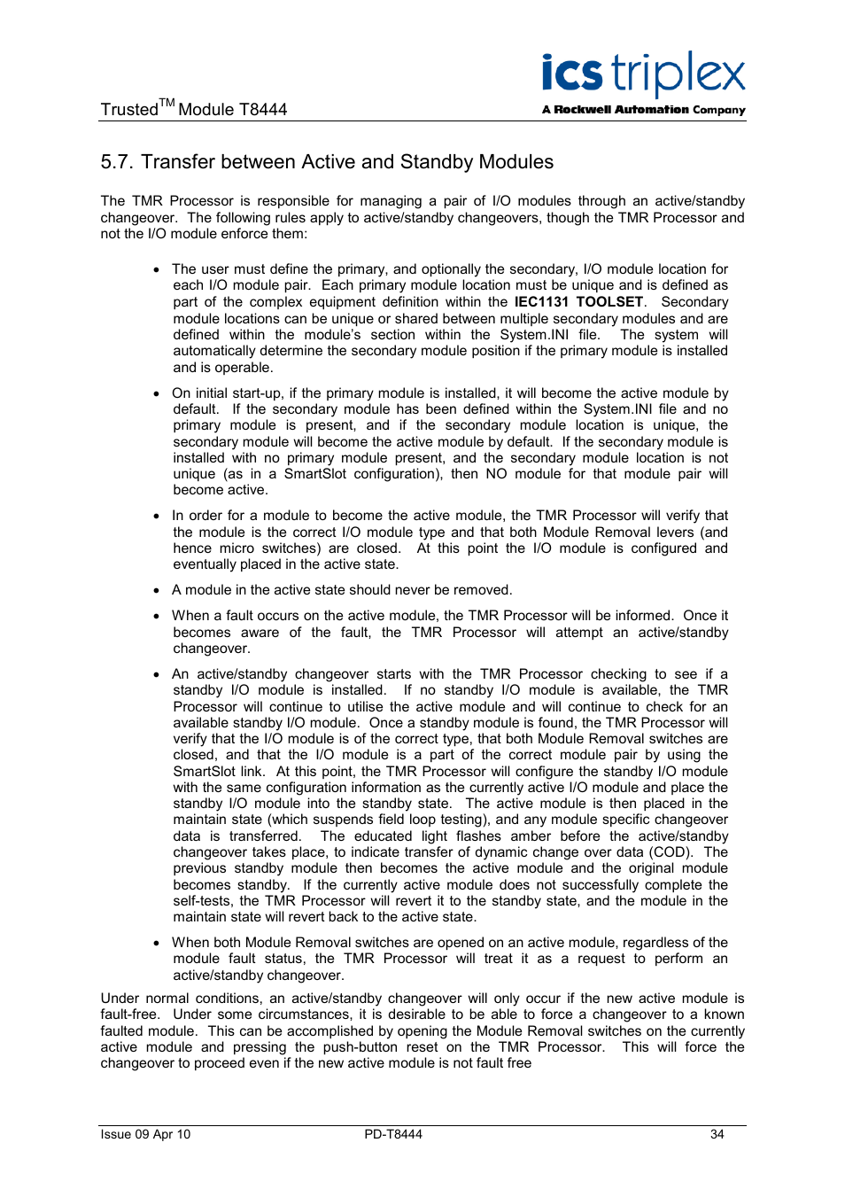Transfer between active and standby modules, Trusted, Module t8444 | Rockwell Automation T8444 Trusted TMR Pulse Generator and Monitoring Module User Manual | Page 34 / 46
