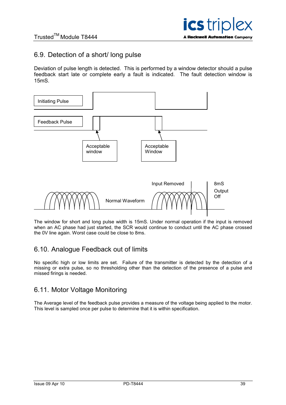 Detection of a short/ long pulse, Analogue feedback out of limits, Motor voltage monitoring | Rockwell Automation T8444 Trusted TMR Pulse Generator and Monitoring Module User Manual | Page 39 / 46
