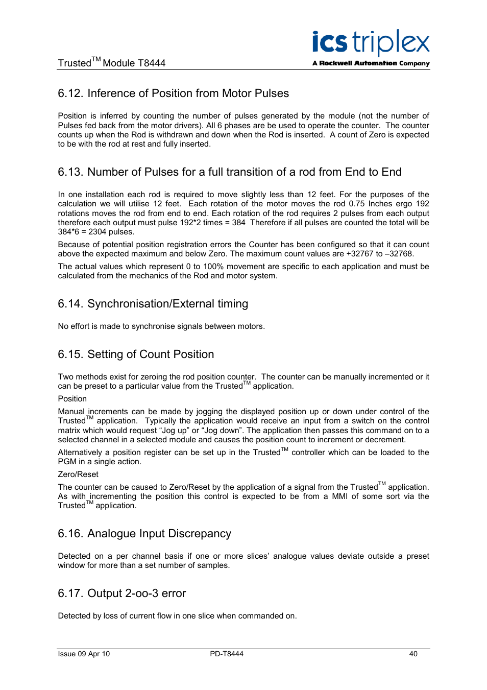 Inference of position from motor pulses, Synchronisation/external timing, Setting of count position | Analogue input discrepancy, Output 2-oo-3 error | Rockwell Automation T8444 Trusted TMR Pulse Generator and Monitoring Module User Manual | Page 40 / 46