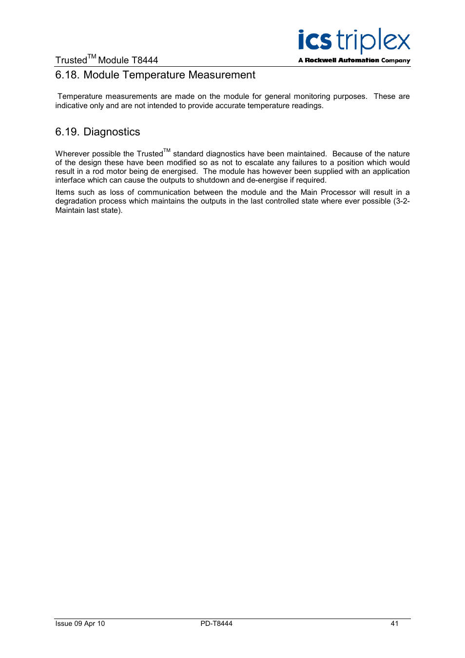 Module temperature measurement, Diagnostics | Rockwell Automation T8444 Trusted TMR Pulse Generator and Monitoring Module User Manual | Page 41 / 46