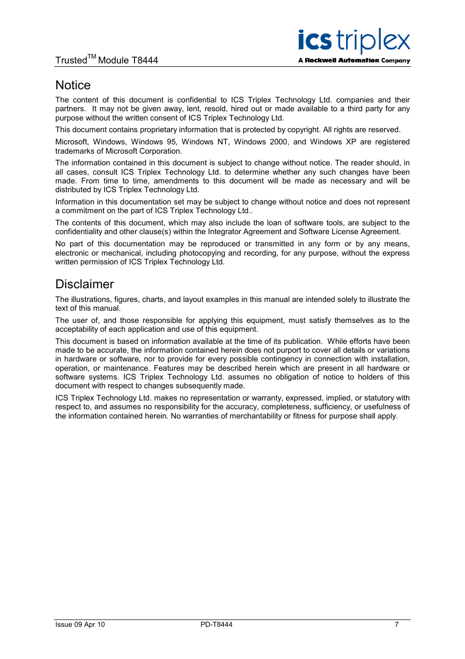 Notice, Disclaimer | Rockwell Automation T8444 Trusted TMR Pulse Generator and Monitoring Module User Manual | Page 7 / 46