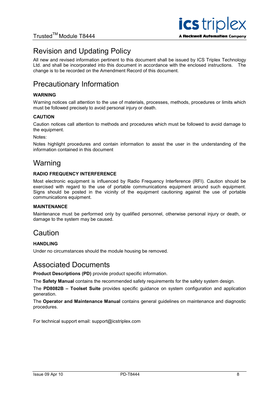 Description, Revision and updating policy, Precautionary information | Warning, Caution, Associated documents | Rockwell Automation T8444 Trusted TMR Pulse Generator and Monitoring Module User Manual | Page 8 / 46