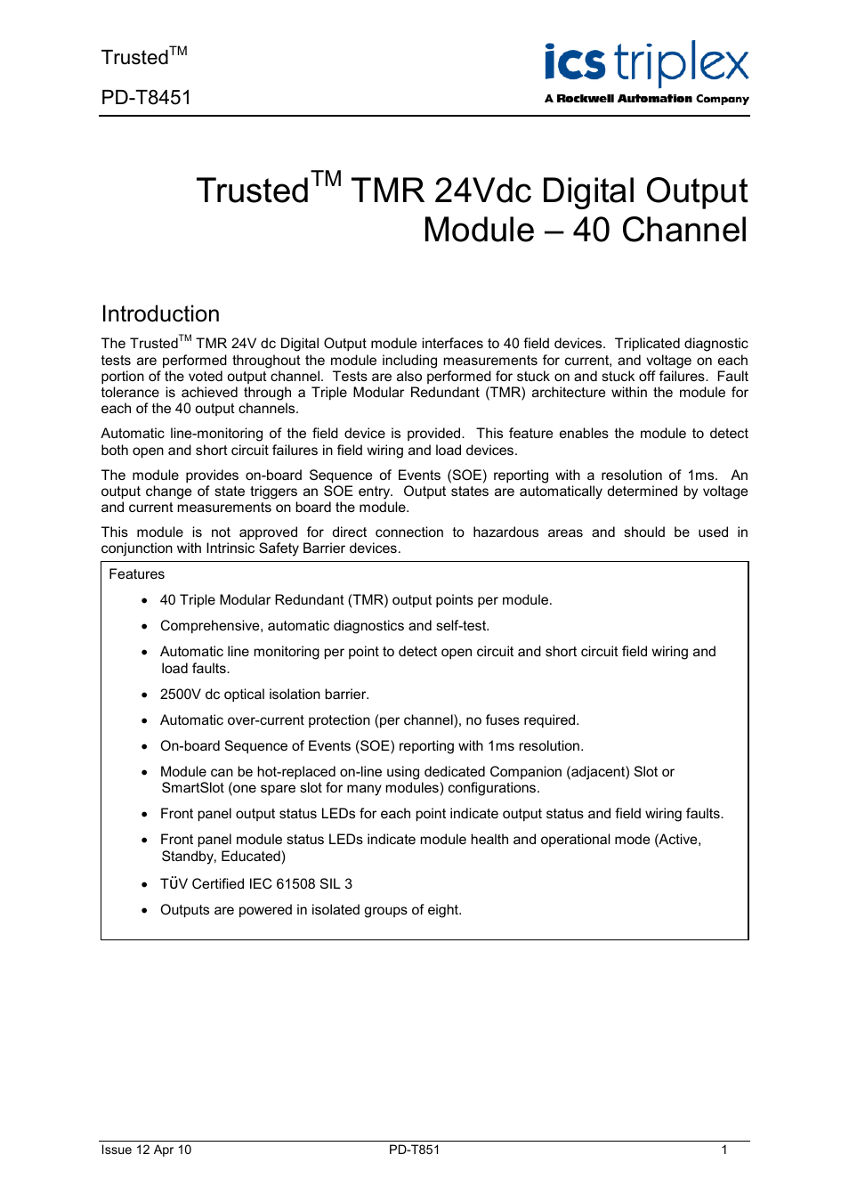 Rockwell Automation T8451 Trusted TMR 24V dc Digital Output Module - 40 Channel User Manual | 32 pages