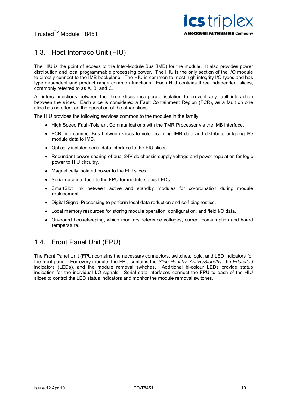 Host interface unit (hiu), Front panel unit (fpu) | Rockwell Automation T8451 Trusted TMR 24V dc Digital Output Module - 40 Channel User Manual | Page 10 / 32