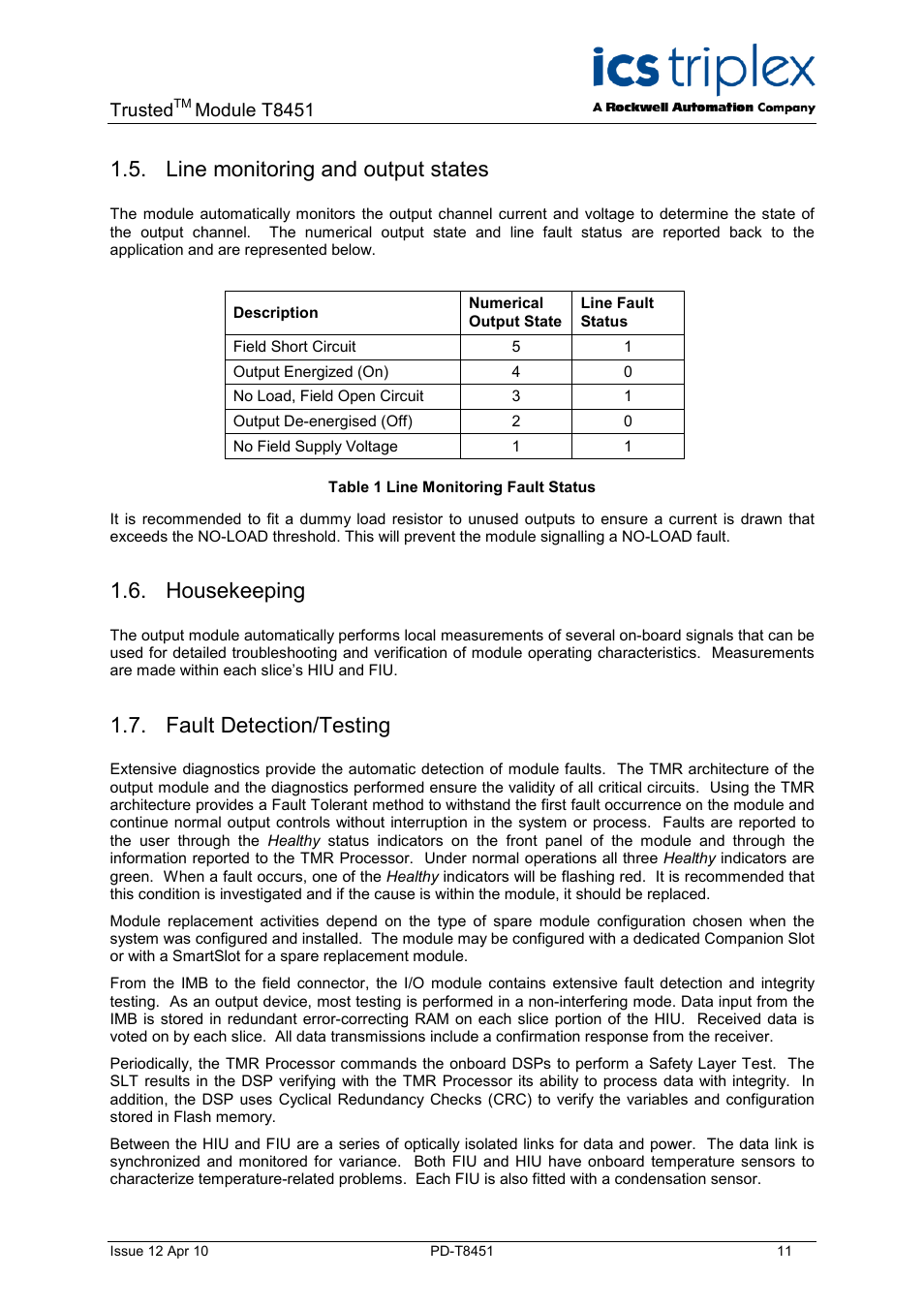 Line monitoring and output states, Housekeeping, Fault detection/testing | Table 1 line monitoring fault status | Rockwell Automation T8451 Trusted TMR 24V dc Digital Output Module - 40 Channel User Manual | Page 11 / 32