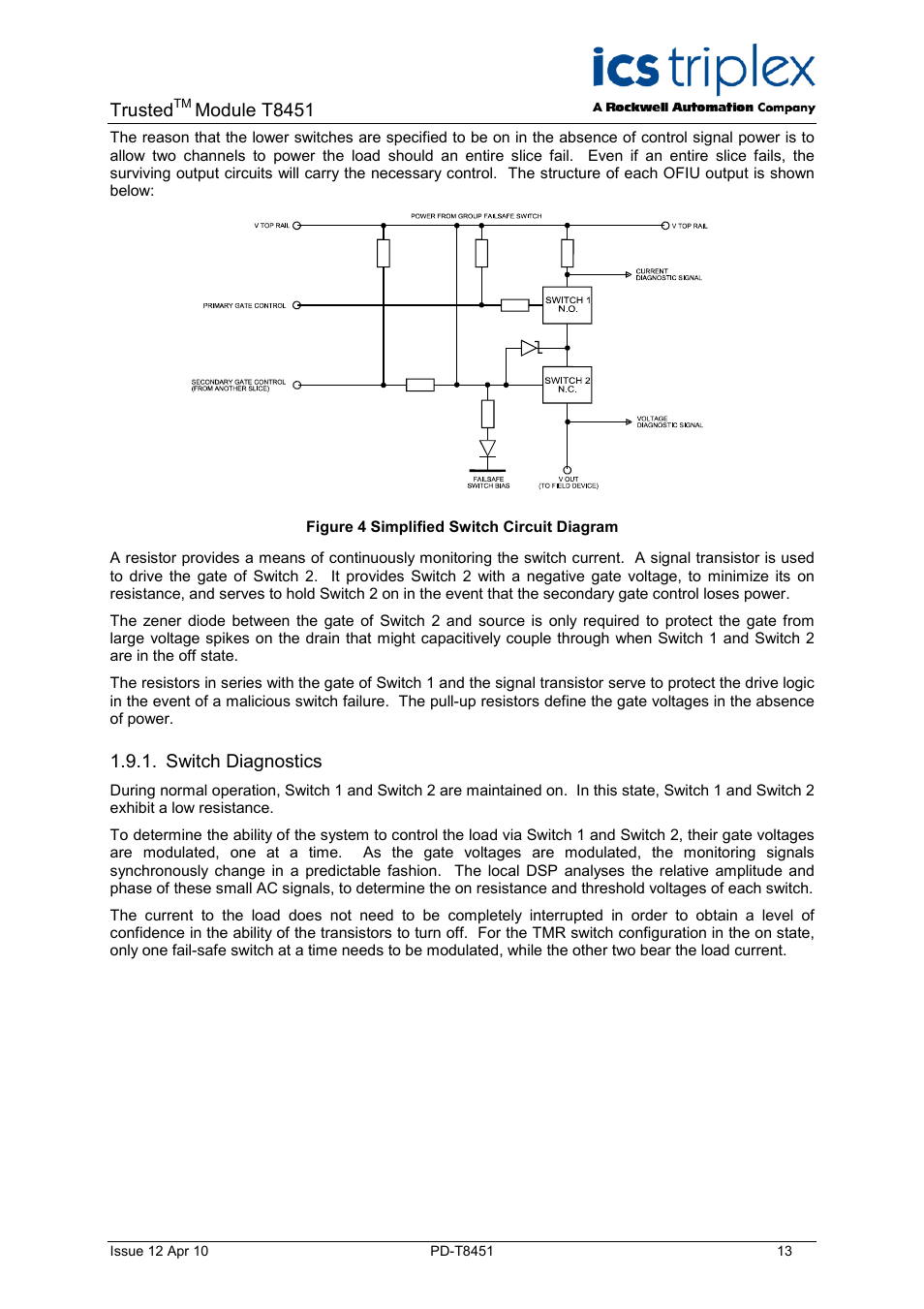 Switch diagnostics, Figure 4 simplified switch circuit diagram, Trusted | Module t8451 | Rockwell Automation T8451 Trusted TMR 24V dc Digital Output Module - 40 Channel User Manual | Page 13 / 32