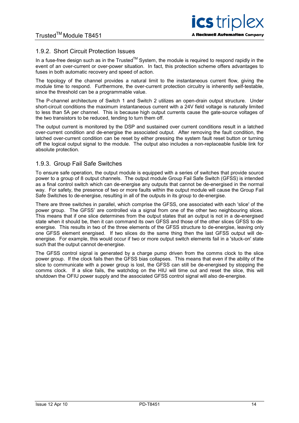 Short circuit protection issues, Group fail safe switches, Trusted | Module t8451 | Rockwell Automation T8451 Trusted TMR 24V dc Digital Output Module - 40 Channel User Manual | Page 14 / 32