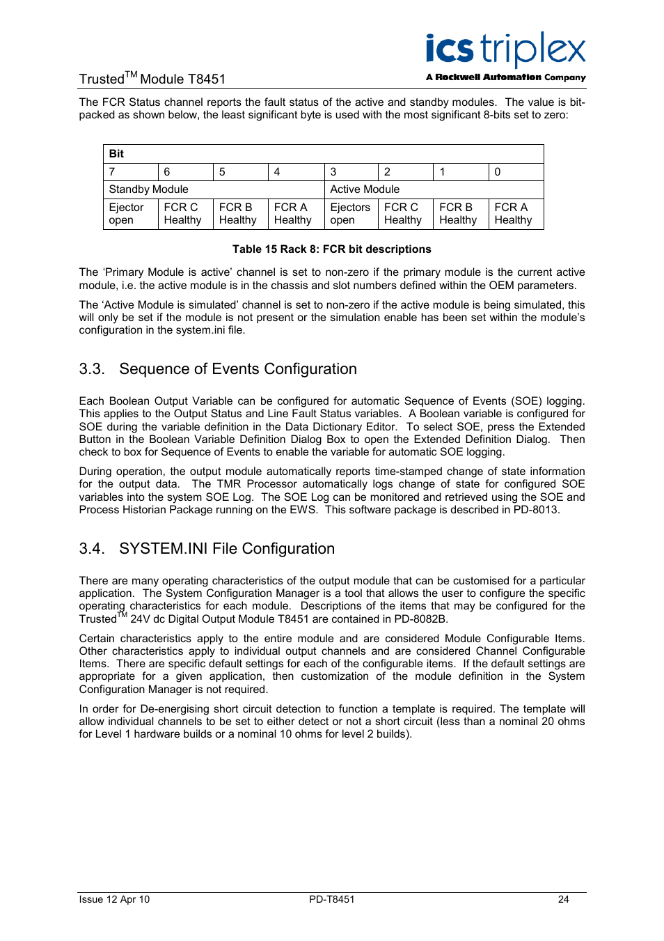 Sequence of events configuration, System.ini file configuration, Table 15 rack 8: fcr bit descriptions | Trusted, Module t8451 | Rockwell Automation T8451 Trusted TMR 24V dc Digital Output Module - 40 Channel User Manual | Page 24 / 32