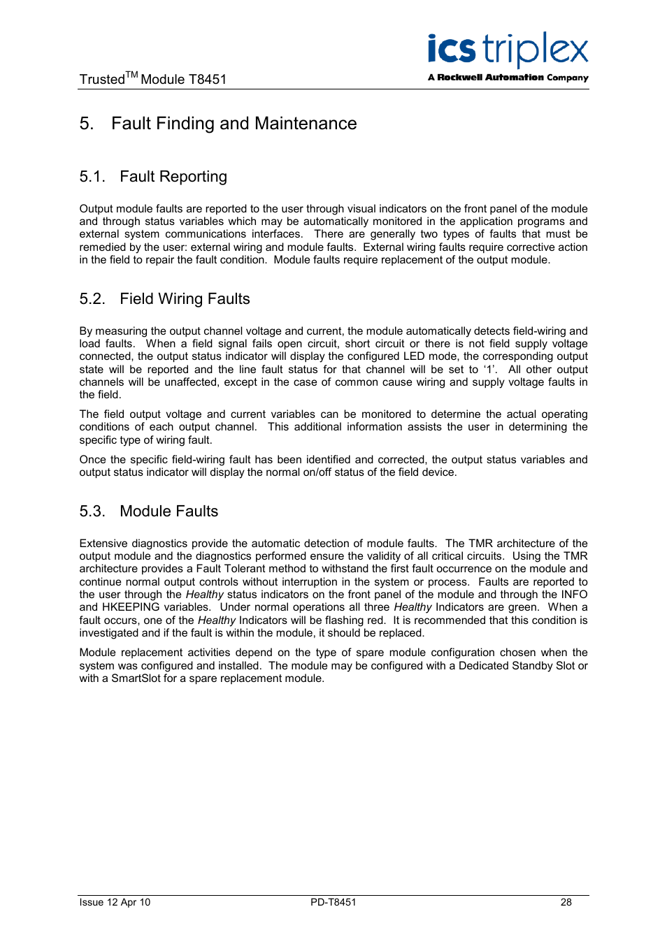 Fault finding and maintenance, Fault reporting, Field wiring faults | Module faults | Rockwell Automation T8451 Trusted TMR 24V dc Digital Output Module - 40 Channel User Manual | Page 28 / 32