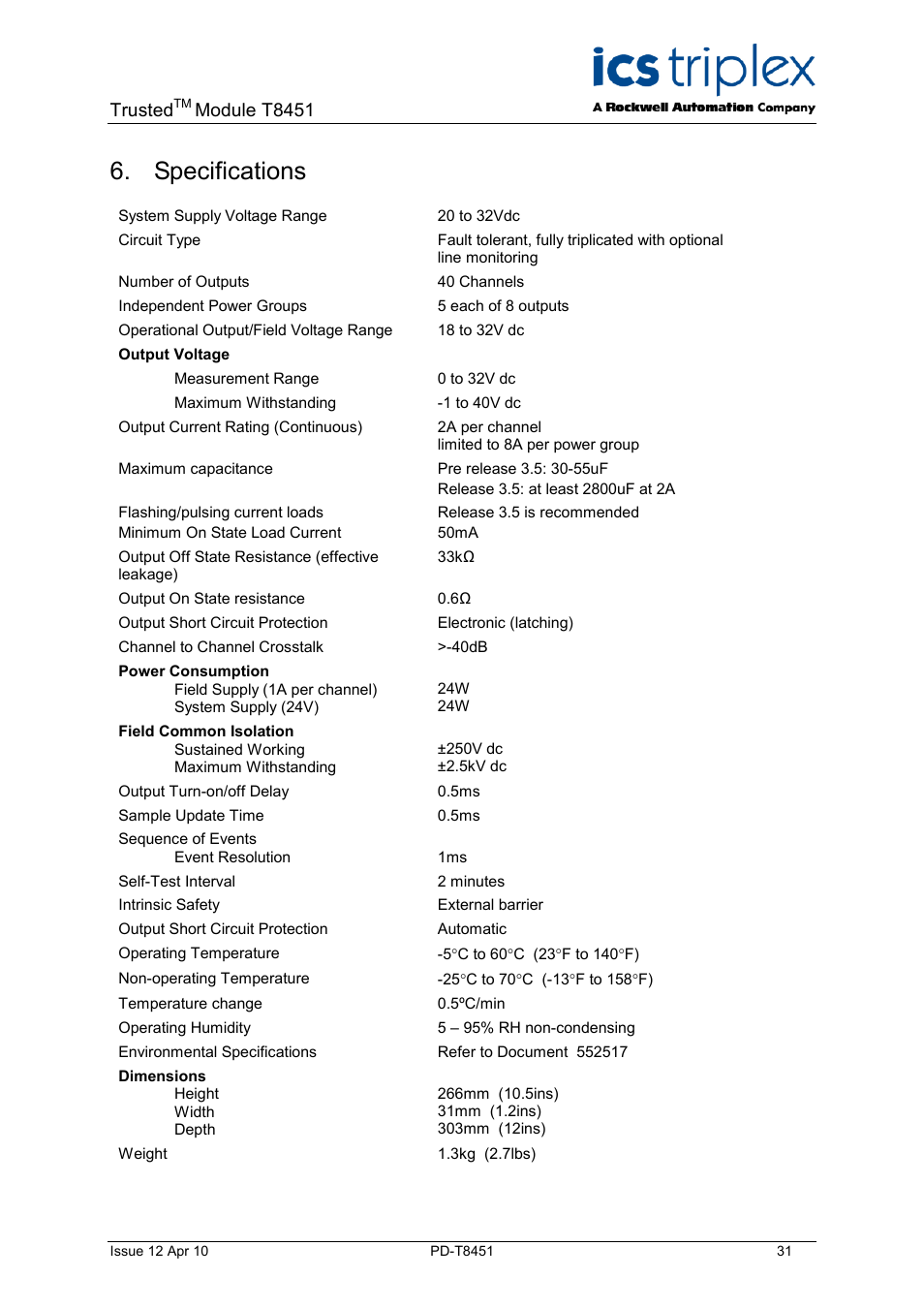 Specifications, Trusted, Module t8451 | Rockwell Automation T8451 Trusted TMR 24V dc Digital Output Module - 40 Channel User Manual | Page 31 / 32