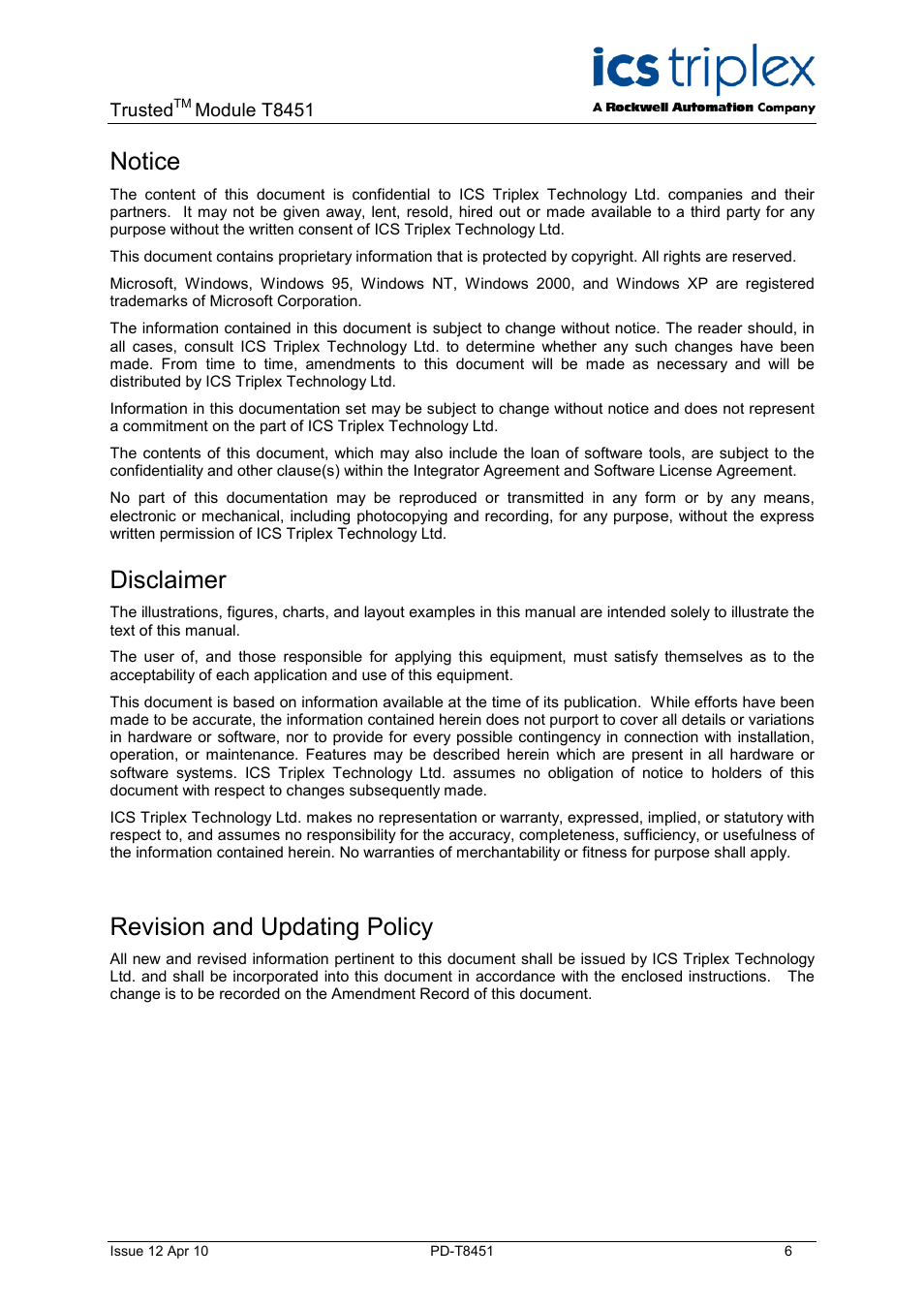 Notice, Disclaimer, Revision and updating policy | Rockwell Automation T8451 Trusted TMR 24V dc Digital Output Module - 40 Channel User Manual | Page 6 / 32