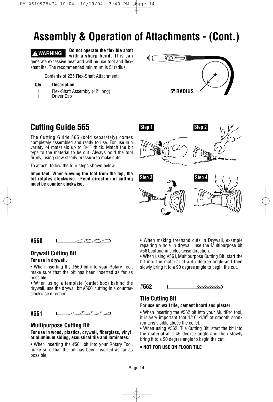 Assembly & operation of attachments - (cont.), Cutting guide 565, 560 drywall cutting bit | 561 multipurpose cutting bit, 562 tile cutting bit | Bosch 275T6 User Manual | Page 14 / 92