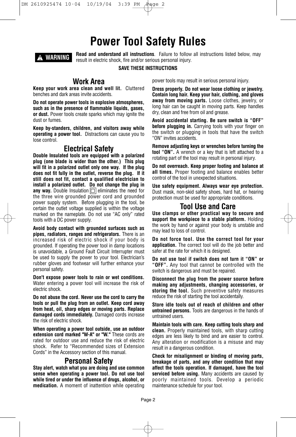 Power tool safety rules, Work area, Electrical safety | Personal safety, Tool use and care | Bosch 275T6 User Manual | Page 2 / 92