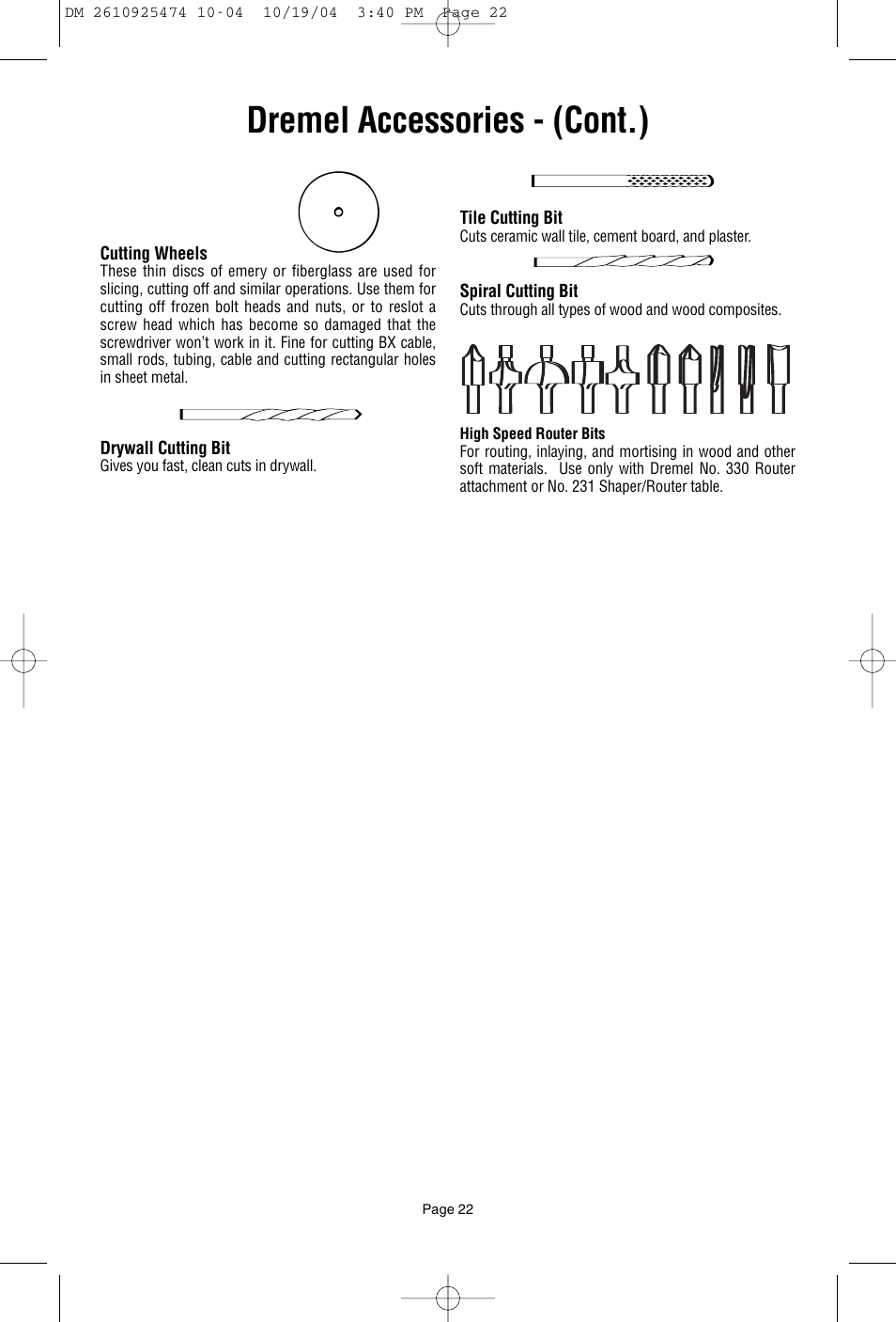 Dremel accessories - (cont.) | Bosch 275T6 User Manual | Page 22 / 92